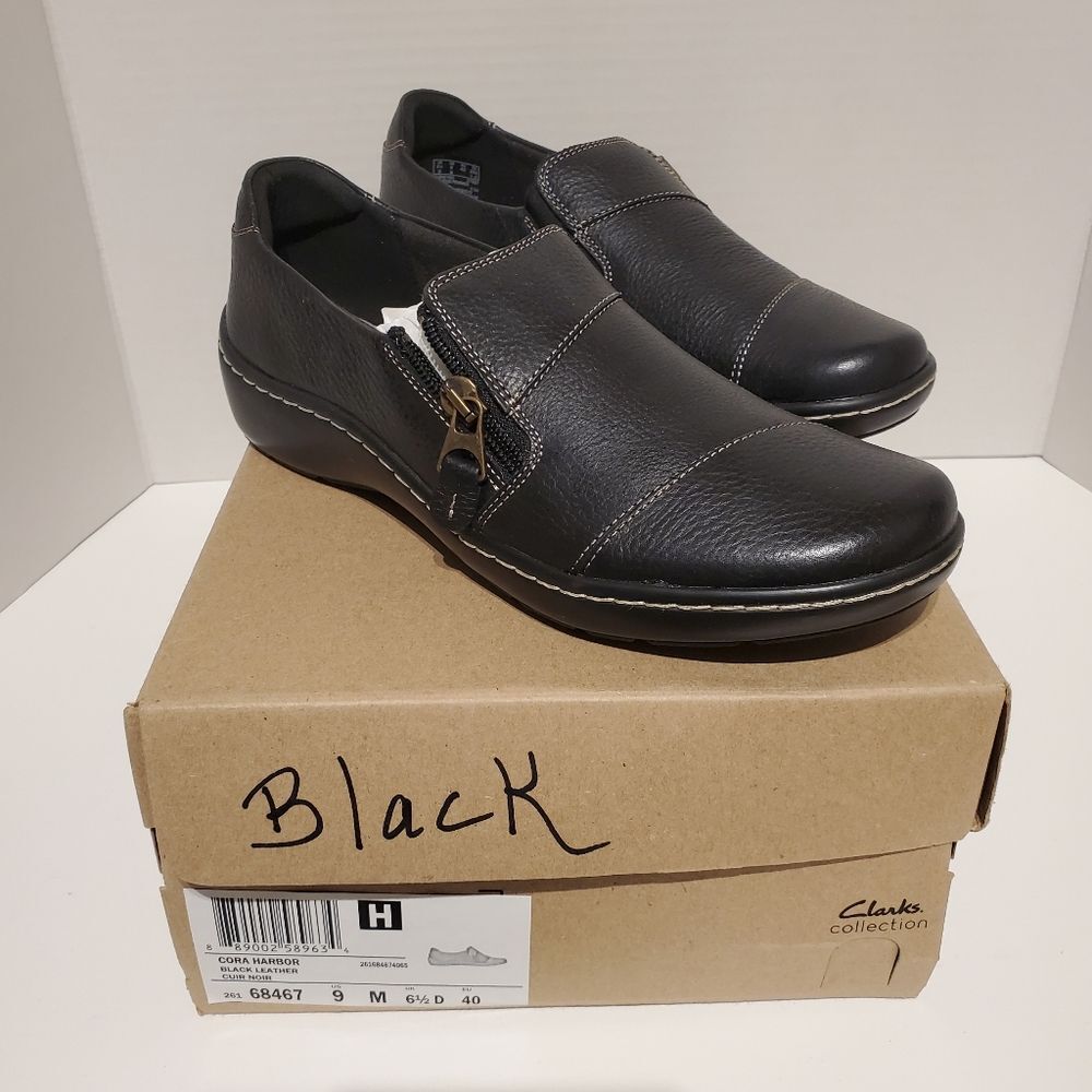 Clarks Cora Harbor Slip-On Side Zip Black Leather Loafers Size 9M NWT